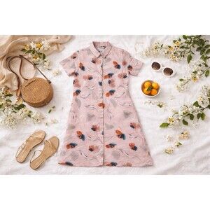 Rachel Zoe 100% Linen Shirt Dress Pink Floral w/ Pockets Medium Orange Blossom